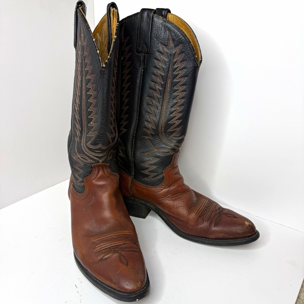 Two-Tone Brown & Black Leather Western Cowboy Boots Pull-On w/ Stitching